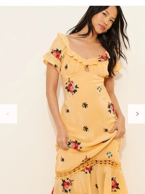 Free People Yellow Floral Midi Dress with Ruffle Neckline